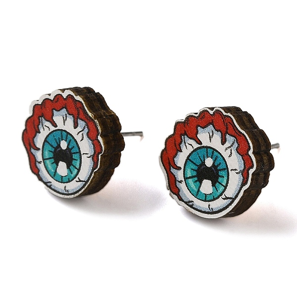 

PandaHall Wood Stud Earrings, with 316 Surgical Stainless Steel Pin, Halloween Theme, Turquoise, Eye, 15x14mm Wood Eye Green
