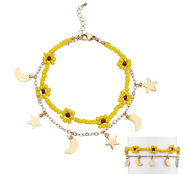 

PandaHall Glass Seed Braided Flower Multi-strand Bracelet, 304 Stainless Steel Moon and Star Charm Bracelet with Brass Chains for Women..., Yellow