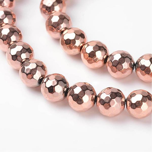 PandaHall Faceted Round Non-Magnetic Synthetic Hematite Beads Strands, Rose Gold Plated, 8mm, Hole: 1mm, about 51pcs/strand, 15.7 inch...