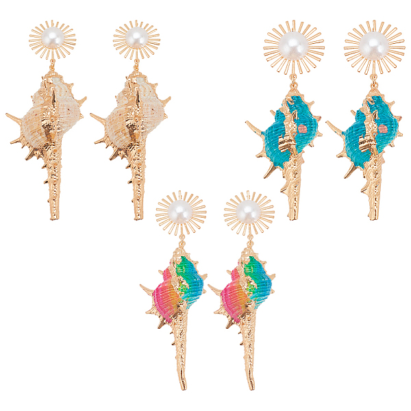 

PandaHall ANATTASOUL 3 Pairs 3 Colors Golden Alloy Sun with Shell Shape Dangle Stud Earrings, Plastic Pearl Beaded Long Drop Earrings, Mixed..., Multicolor