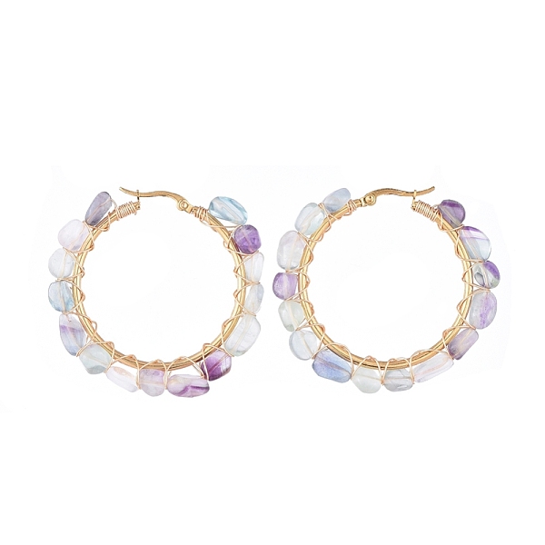 

PandaHall 304 Stainless Steel Beaded Big Hoop Earrings, with Natural Fluorite Beads, Ring, Golden, 48x5~6mm, Pin: 0.8x1mm Fluorite Ring