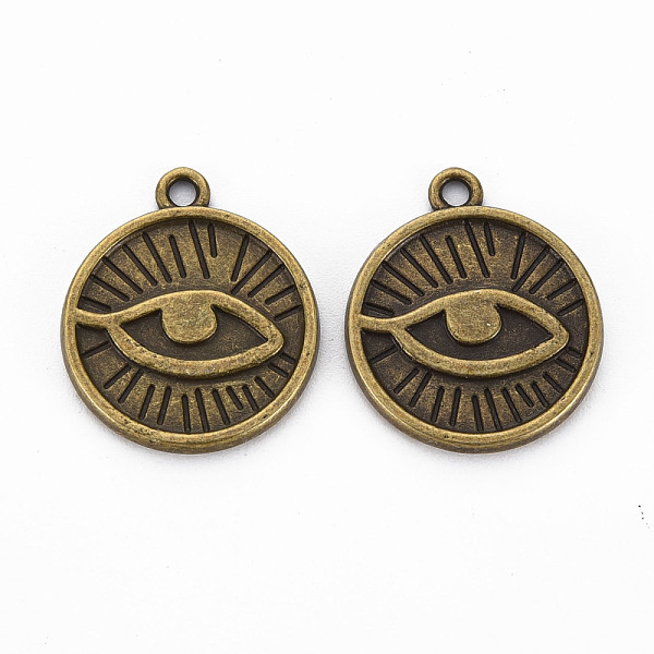 

PandaHall Tibetan Style Alloy Pendants, Cadmium Free & Lead Free, Flat Round with Eye, Antique Bronze, 22x19x2mm, Hole: 2mm Alloy Flat Round