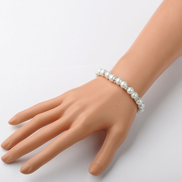 

PandaHall Cross Glass Pearl Beads Bracelets, with Brass Rhinestone Beads, Alloy Cross Pendants and Brass Lobster Claw Clasps, Antique Silver..., White