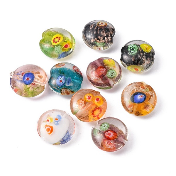 

PandaHall Handmade Gold Sand Lampwork Beads, with Millefiori Glass, Flat Round, Mixed Color, 20x10mm, Hole: 1.5mm Lampwork Flat Round..., Multicolor