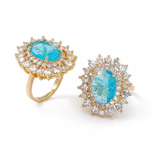 

PandaHall Deep Sky Blue Glass Oval Adjustable Ring with Cubic Zirconia, Brass Jewelry for Women, Real 18K Gold Plated, US Size 6 1/2(16.9mm)...