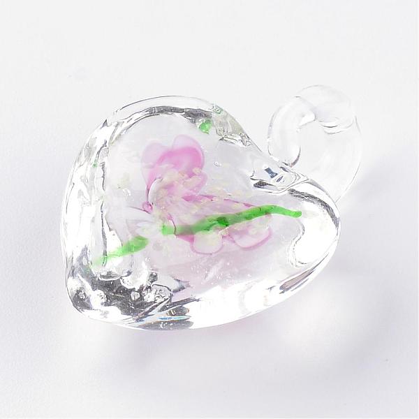 

PandaHall Handmade Luminous Lampwork Pendants, with Inner Flower, Heart, Pink, 27~33x21~23x9~11mm, Hole: 4~7mm Lampwork Heart Pink