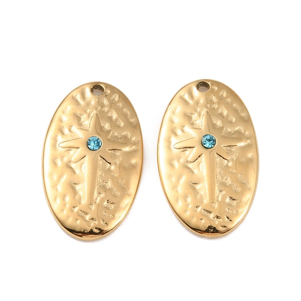 

PandaHall Ion Plating(IP) 304 Stainless Steel Pendants, with Rhinestone, Real 18K Gold Plated, Oval with Star Charm, Aquamarine..., Cyan