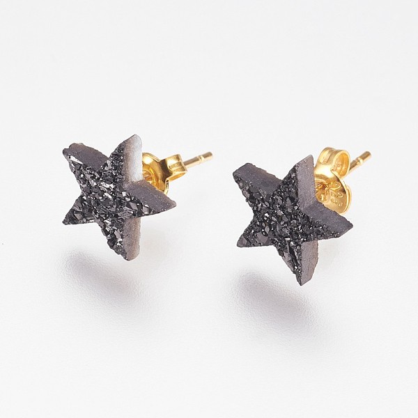 

PandaHall Electroplate Natural Druzy Agate Stud Earrings, with Brass Findings, Star, Black Plated, 10x11x3mm, Pin: 0.8mm Natural Agate