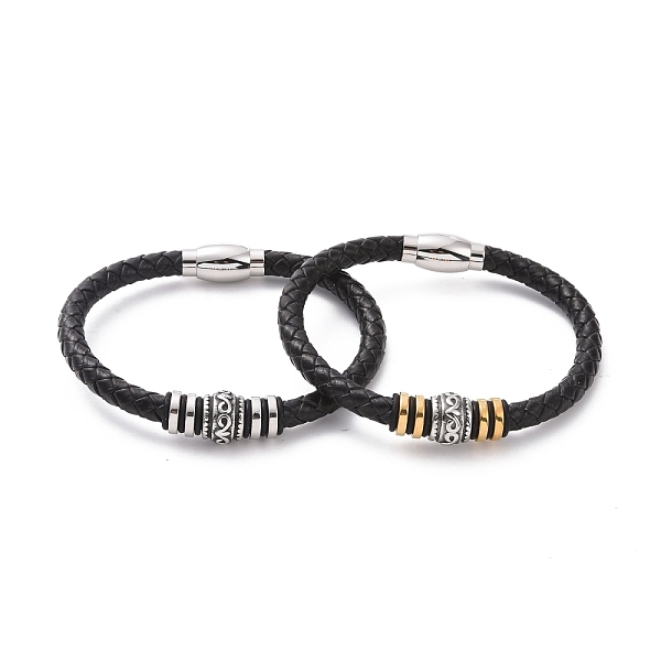 

PandaHall 304 Stainless Steel Column Beaded Bracelet with Magnetic Clasps, Black Leather Braided Cord Punk Wristband for Men Women, Mixed...