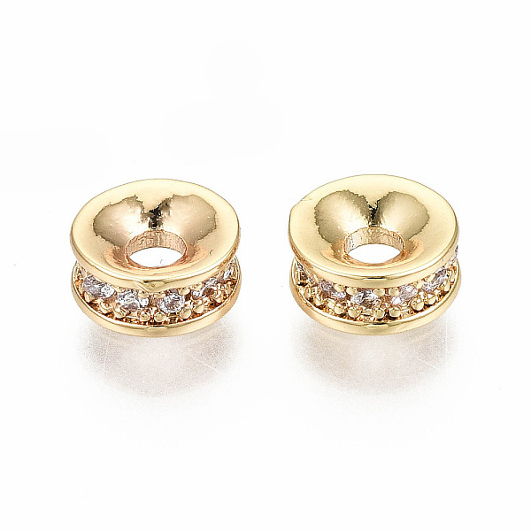 

PandaHall Brass Micro Pave Clear Cubic Zirconia Spacer Beads, Nickel Free, Disc, Real 18K Gold Plated, 6x2.5mm, Hole: 2mm Brass Disc Clear