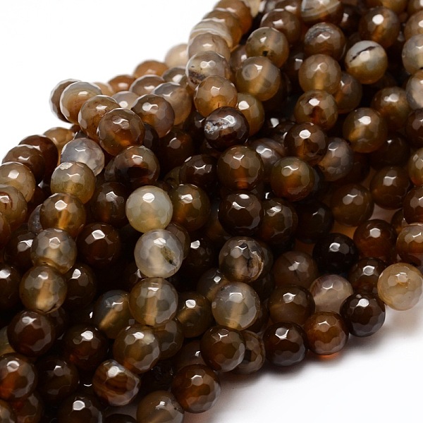 PandaHall Dyed Natural Agate Faceted Round Beads Strands, Coffee, 10mm, Hole: 1mm, about 38pcs/strand, 14.5 inch Natural Agate Round Brown