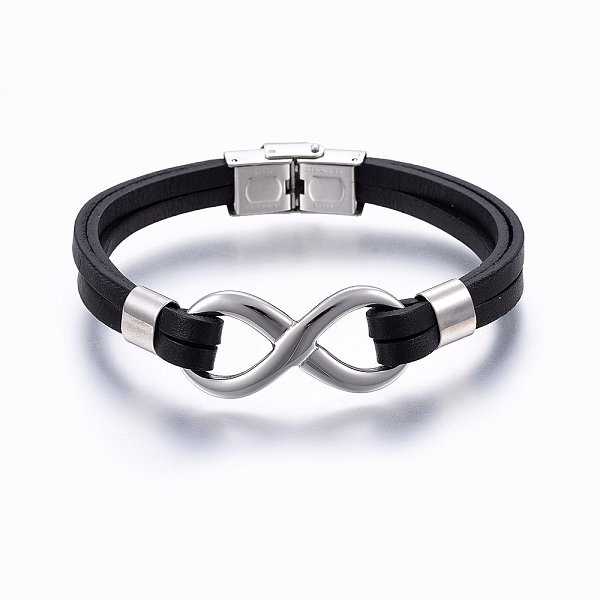 

PandaHall Leather Cord Bracelets, with 201 Stainless Steel Clasp, Infinity, Black, 8-1/4 inch(21cm), 8~18x4~8mm Leather Black