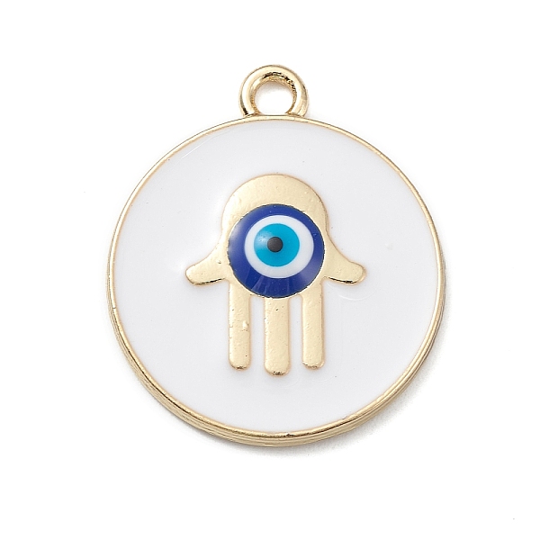 

PandaHall Evil Eye Style Alloy Enamel Pandants, Golden, Flat Round Charm, Hamsa Hand, 24x21x3mm, Hole: 2mm Alloy+Enamel Hamsa Hand
