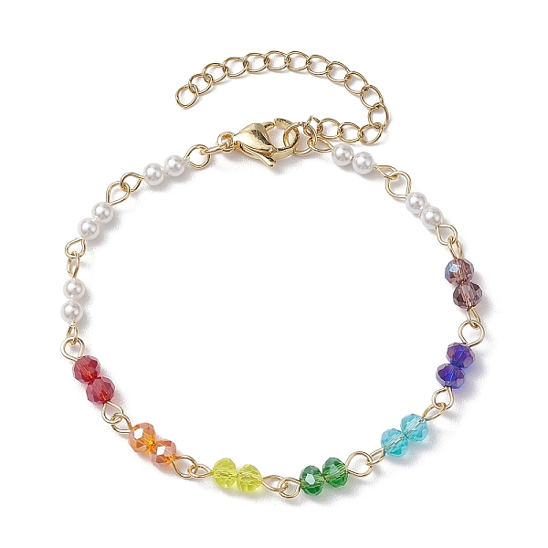 

PandaHall 7 Chakra Faceted Glass & 3mm Round Shell Pearl Link Bracelets for Women, Colorful, 6-3/4 inch(17.3cm) Glass