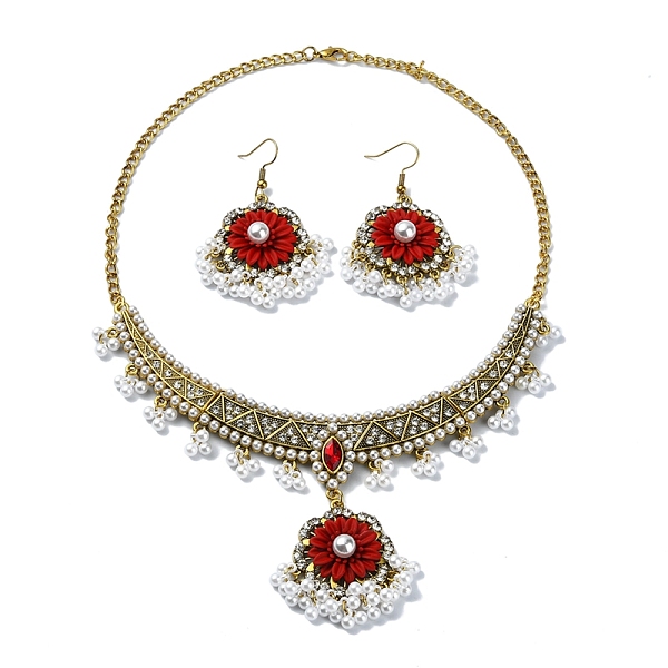 

PandaHall ABS Plastic Pearl & Rhinestone Oval Jewelry Set, Golden Alloy Bib Necklace & Chandelier Earrings, Red, 415mm, 61x32mm Rhinestone...