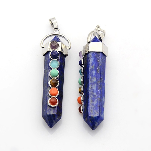 

PandaHall Yoga Chakra Jewelry Platinum Plated Brass Gemstone Double Terminated Pointed Big Pendants, Lapis Lazuli, 58x17x16mm, Hole: 7x6mm...