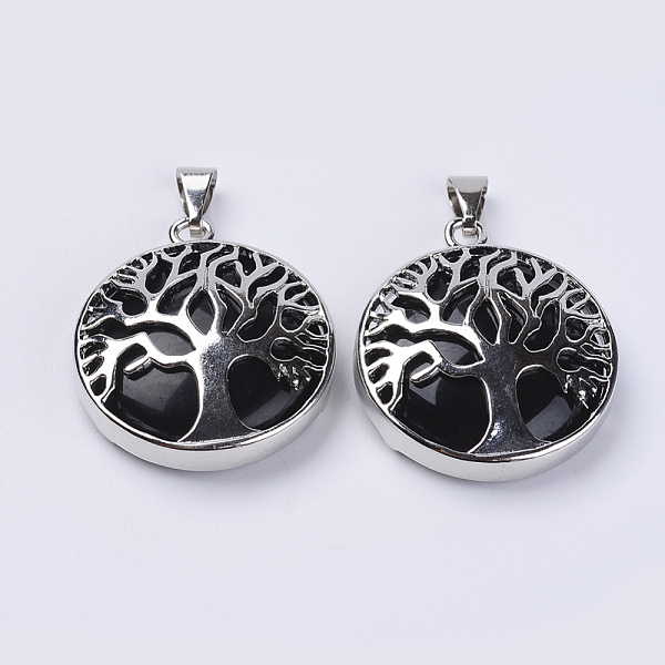 

PandaHall Natural Dyed Black Agate Pendants, with Platinum Plated Brass Findings, Flat Round with Tree of Life, 31x27x8mm, Hole: 3.5x7mm...