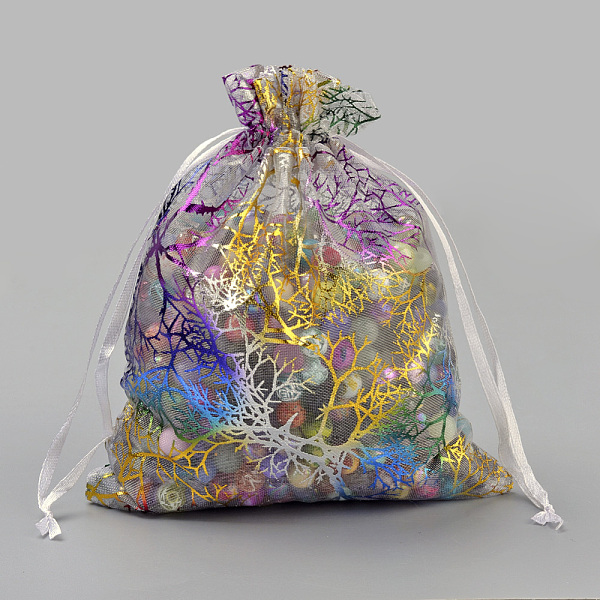 PandaHall Organza Gift Bags, Drawstring Bags, with Colorful Coral Pattern, Rectangle, White, 7x5cm Organza Flower White