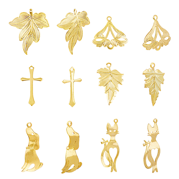 

PandaHall SUPERFINDINGS 48Pcs 6 Style Brass Pendants Cross Charms Pendants Rack Plated Brass Pendants Dog Maple Leaf Cat Silhouette Shape...