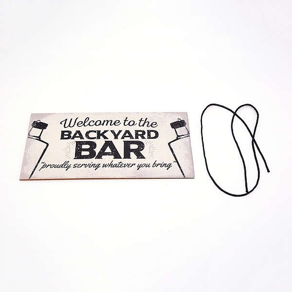 

PandaHall Natural Wood Hanging Wall Decorations for Backyard Home Decoration, with Wax Cord, Rectangle with Word Welcome To The Backyard Bar..., White