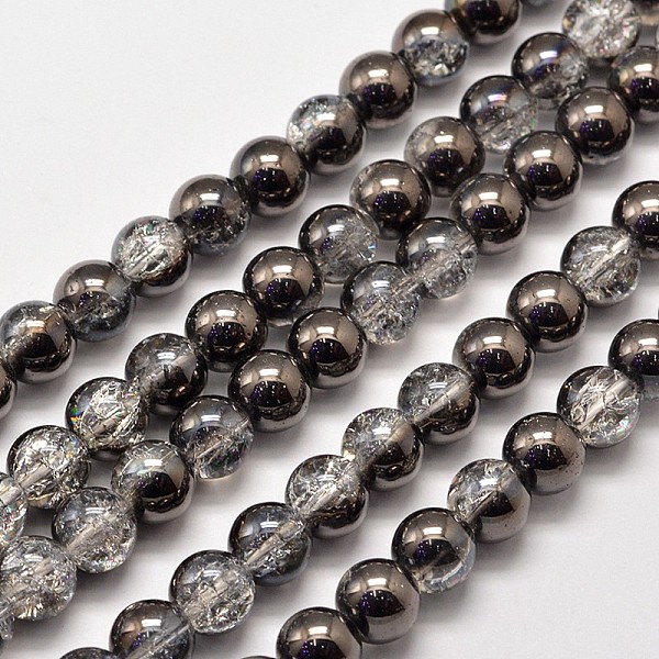 PandaHall Electroplate Synthetic Crackle Quartz Bead Strands, Round, Half Gunmetal Plated, 8mm, Hole: 1mm, about 50pcs/strand, 15.7 inch...