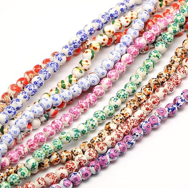 

PandaHall Handmade Flower Printed Porcelain Ceramic Beads Strands, Round, Mixed Color, 6mm, Hole: 2mm, about 60pcs/strand, 13 inch Porcelain..., Multicolor