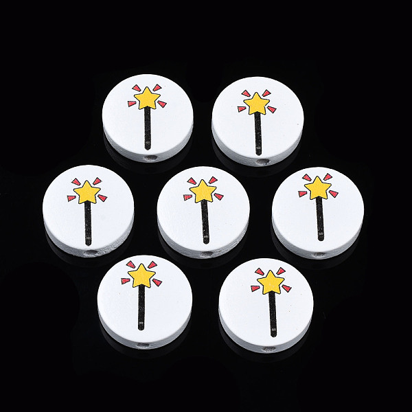 

PandaHall Halloween Printed Natural Wood Beads, Flat Round with star Pattern, Gold, 19~20x5.9mm, Hole: 2~2.2mm Schima Wood Flat Round Gold