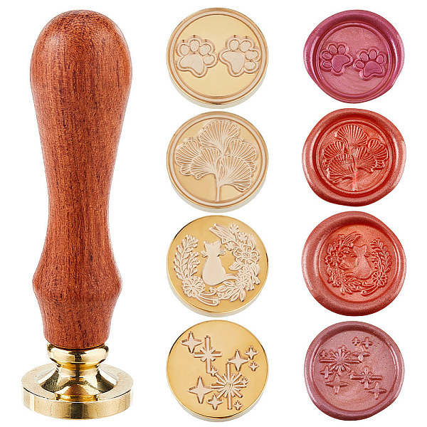 

PandaHall CRASPIRE 4Pcs Paw Star Wreath Cat 25mm Brass Wax Seal Stamp Head + 1Pc Wooden Sealing Stamp Handle Set Removable Wedding Envelope..., Brown