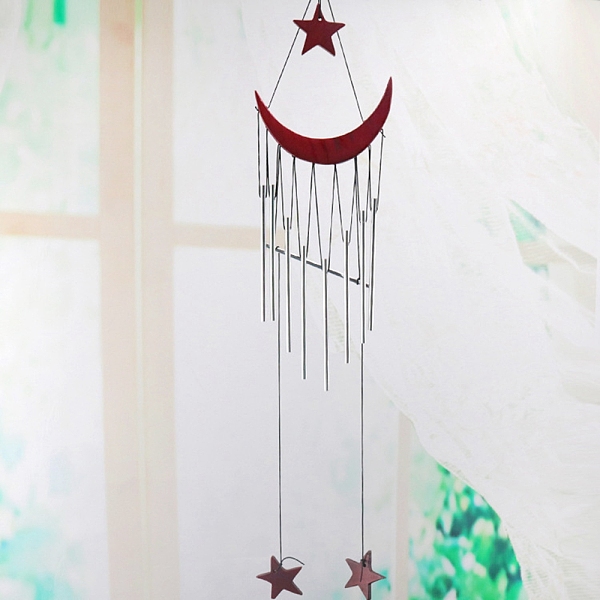 

PandaHall Metal Tube Wind Chimes, Wooden Pendant Decorations, Moon & Star, Dark Red, 530mm Wood Moon