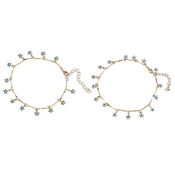 

PandaHall 2Pcs 2 Colors Brass Bar Link Chain Anklets, with Enameled Star with Evil Eye Charms, Real 18K Gold Plated, Mixed Color, 9-7/8 inch..., Multicolor