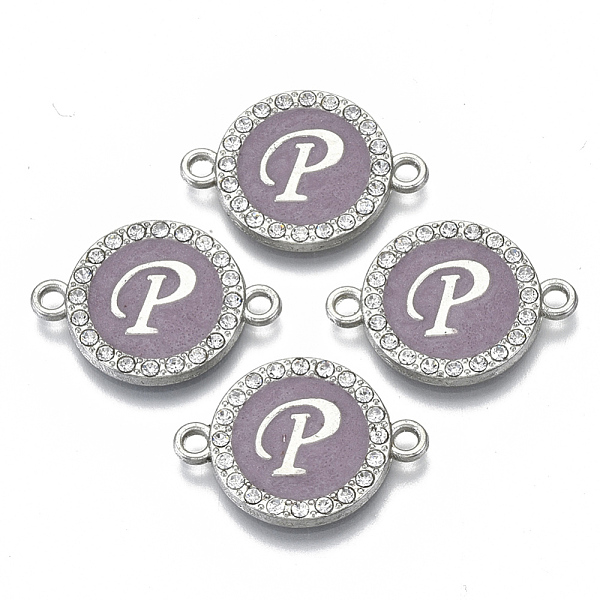 

PandaHall Alloy Enamel Links Connectors, with Crystal Rhinestones, Flat Round with Letter, Silver Color Plated, Letter.P, 22x16x2mm, Hole..., Purple