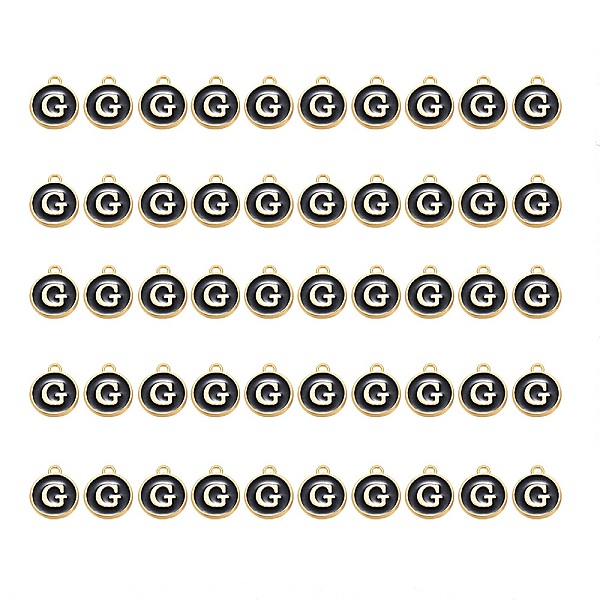 

PandaHall Golden Plated Alloy Charms, with Enamel, Enamelled Sequins, Flat Round, Black, Letter.G, 14x12x2mm, Hole: 1.5mm, 50pcs/Box...