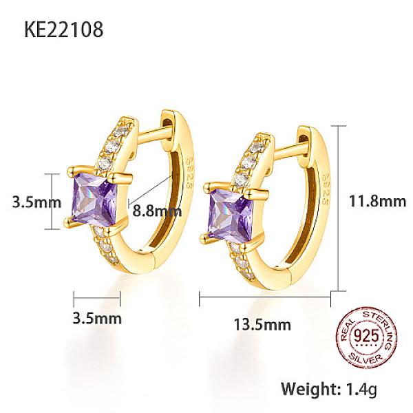 

PandaHall Real 18K Gold Plated 925 Sterling Silver Hoop Earrings, Square Cubic Zirconia Earrings, with S925 Stamp, Lilac, 11.8x13.5mm..., Purple