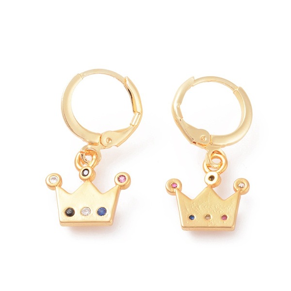 

PandaHall Brass Micro Pave Cubic Zirconia Dangle Hoop Earrings, Crown, Colorful, Golden, 26mm, Pin: 0.9mm Cubic Zirconia