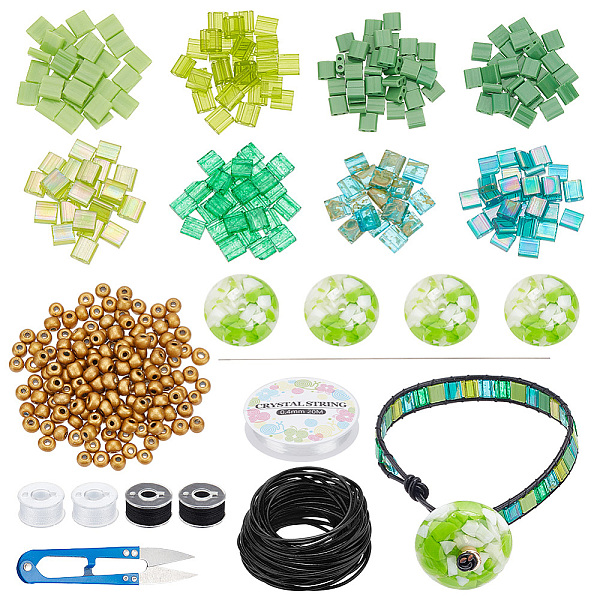 

PandaHall DIY Tile Bracelet Making Kit, Including Glass Seed & Resin Flat Round Beads, Polyester Bobbin Thread, Scissors, Green Glass Green