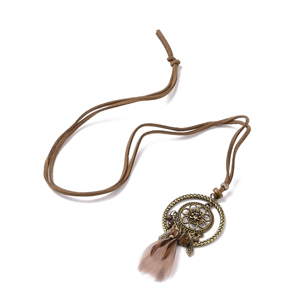 

PandaHall Alloy Woven Net with Feather Pendant Necklace with Wood Beads, Bohemian Jewelry for Women, Camel, 33.9 inch(86cm) Feather Brown