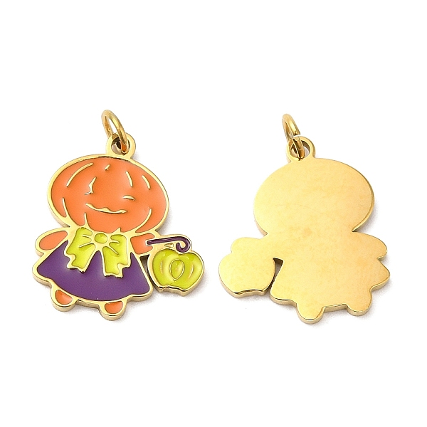 

PandaHall Halloween Ion Plating(IP) 304 Stainless Steel Pendants, with Enamel and Jump Ring, Golden, Human with Pumpkin Charm, Orange...