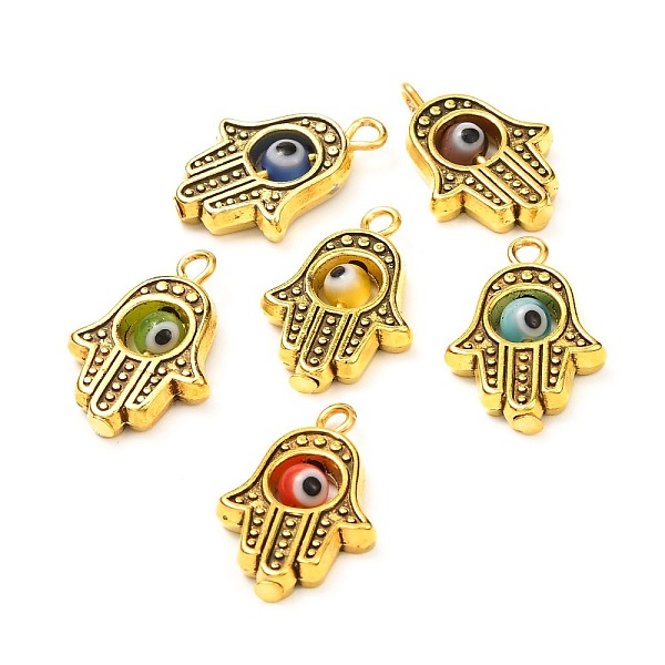 

PandaHall Tibetan Style Alloy Lampwork Pendant, with Rotatable Handmade Evil Eye, Hamsa Hand, Mixed Color, 18.5x13x4mm, Hole: 1.6mm Alloy..., Multicolor