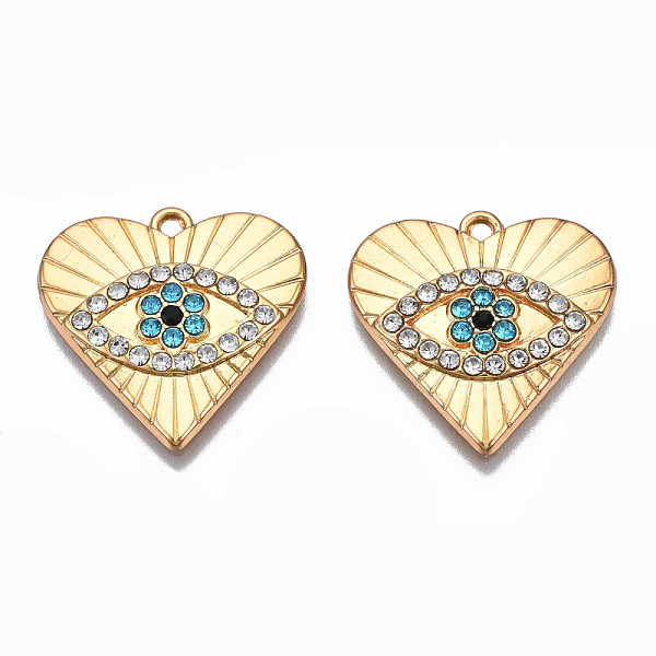 

PandaHall Rack Plating Alloy Enamel Pendants, with Rhinestone, Cadmium Free & Nickel Free & Lead Free, Heart with Evil Eye, Light Gold..., Blue