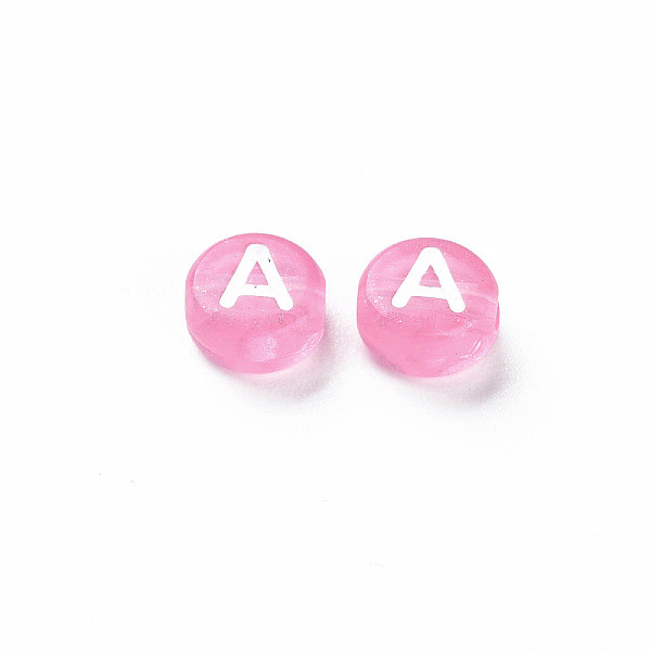 

PandaHall Transparent Pearl Pink Acrylic Beads, Horizontal Hole, Mixed Letters, Flat Round with White Letter, Pearl Pink, 7x4mm, Hole: 1.5mm...