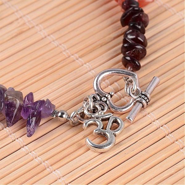 

PandaHall Gemstone Chip Beaded Anklets, with Alloy Toggle Clasps and Tibetan Style Alloy Om Symbol Pendants, 230mm Mixed Stone