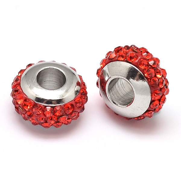 

PandaHall Rondelle 304 Stainless Steel Polymer Clay Rhinestone European Beads, with Double Side Platinum Color Core, Stainless Steel Color..., Red