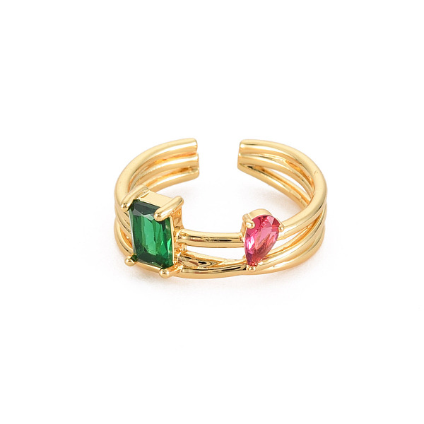 

PandaHall Teardrop Rectangle Glass Open Cuff Ring, Real 18K Gold Plated Brass Criss Cross Ring for Women, Cadmium Free & Lead Free, Colorful..., Red
