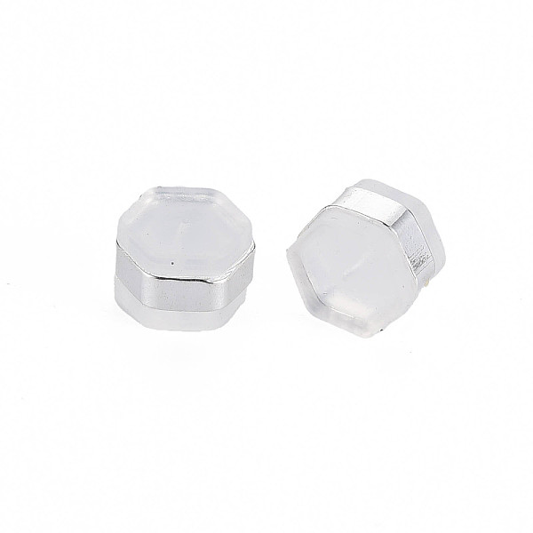 

PandaHall Silicone Ear Nuts, Earring Backs, with Brass Findings, Hexagon, Cadmium Free & Nickel Free & Lead Free, Silver, 6x7x4.5mm, Hole..., Clear