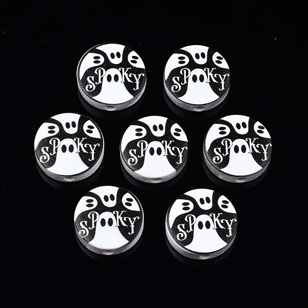 

PandaHall Halloween Printed Natural Wood Beads, Flat Round with Ghost & Word Spooky, Black, 19~20x5.9mm, Hole: 2~2.2mm Schima Wood Flat...