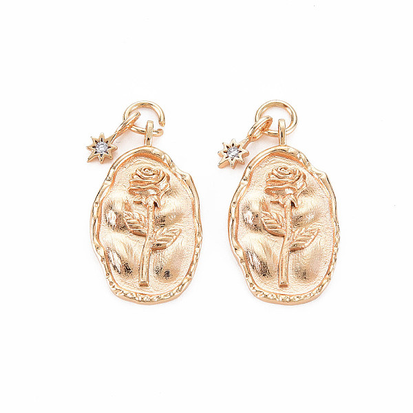 

PandaHall Brass Crystal Rhinestone Pendants, Birth Flower Charms, Nickel Free, Oval with Star, Real 18K Gold Plated, June Rose, 23x13x2mm..., Clear