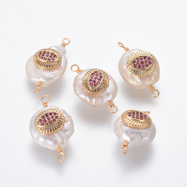 

PandaHall Natural Pearl Links connectors, with Brass Micro Pave Cubic Zirconia Findings, Nuggets with Evil Eye, Golden, Deep Pink...