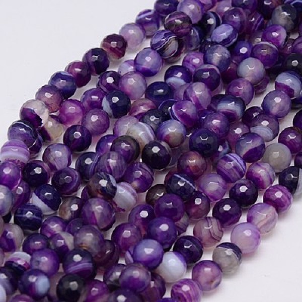 

PandaHall Natural Striped Agate/Banded Agate Beads Strands, Faceted, Dyed, Round, Indigo, 8mm, Hole: 1mm Banded Agate Round Purple