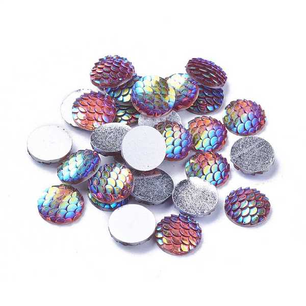 PandaHall Resin Cabochons, Flat Round with Mermaid Fish Scale, Colorful, 12x3mm Resin Flat Round