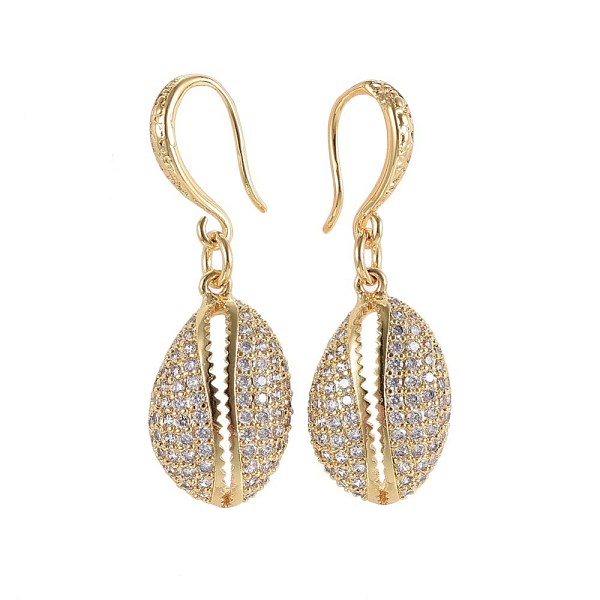 

PandaHall Brass Micro Pave Cubic Zirconia Dangle Earrings, Shell, Clear, Golden, 36~37mm, Pin: 0.8mm Cubic Zirconia Clear